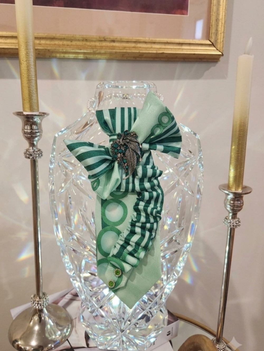 Green Patterned Ribbon Statement Tie W/ Necklace with Decorative Brooch